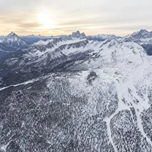 Aerial view of the snowy ridges of the Cinque Torri, Dolomites, Cortina d Ampezzo