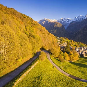 Aerial view of Soglio in autumn, Soglio, Bregaglia valley, Graubunden, Switzerland
