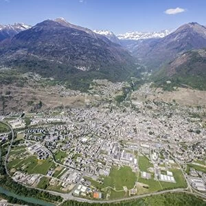 Aerial view of Sondrio and Bernina Group, Lower Valtellina, Lombardy, Italy, Europe