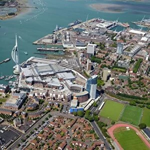 Aerial view of the Spinnaker Tower and Gunwharf Quays, Portsmouth, Hampshire, England, United Kingdom, Europe