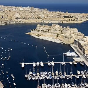 Aerial view of St. Angelo Fort in Vittoriosa (Birgu) in front of Valletta