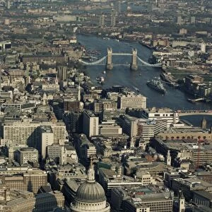 Aerial view of St. Pauls Cathedral, Tower Bridge and the River Thames, London