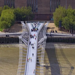 Aerial view of Tate Modern and Millennium Bridge, Bankside, taken from the Golden Galler of St. Pauls Cathedral, City of London, England, United Kingdom, Europe