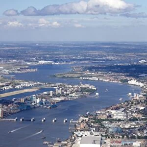 Aerial view of Thames Barrier, River Thames, London, England, United Kingdom, Europe
