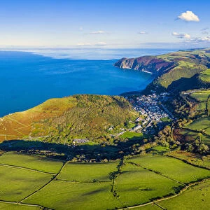 Aerial view over the Valley of the Rocks and Lynton, Exmoor National Park, North Devon