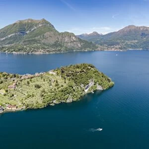Aerial view of the village of Bellagio framed by clear waters of Lake Como with sailboats
