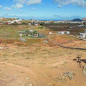 Aerial view of windmill and surrounding landscape, Fuerteventura, Canary Islands, Spain, Atlantic, Europe
