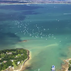 Aerial view of yachts racing in Cowes Week on the Solent, Isle of Wight, England, United Kingdom, Europe