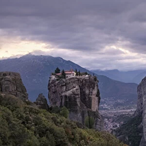 Aghia Triada Meteora Monastery on a cloudy evening, UNESCO World Heritage Site, Thessaly