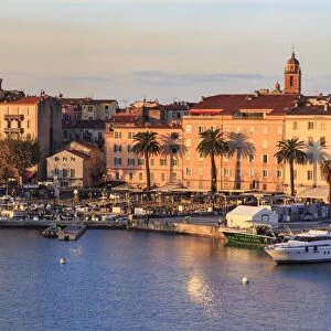 Ajaccio waterfront at sunrise, from the sea, Island of Corsica, Mediterranean, France