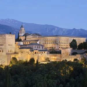 The Alhambra, UNESCO World Heritage Site, and Sierra Nevada mountains from Mirador de San Nicolas