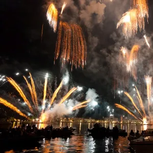 The amazing fireworks display during the night of Redentore celebration in the basin of St. Mark, Venice, Veneto, Italy, Europe