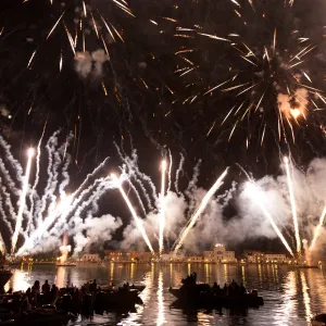 The amazing fireworks display during the night of Redentore celebration in the basin of St. Mark, Venice, Veneto, Italy, Europe