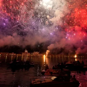 The amazing fireworks display during the night of Redentore celebration in the basin of St. Mark, Venice, Veneto, Italy, Europe