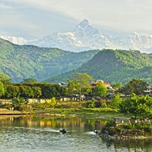 Annapurna Himal, Machapuchare and Phewa Tal seen from Pokhara, Gandaki Zone, Western Region, Nepal, Himalayas, Asia