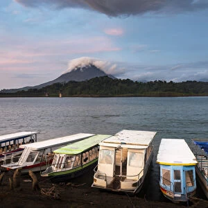 Arenal Volcano and Arenal Lake at sunset, near La Fortuna, Alajuela Province, Costa Rica