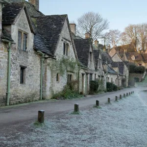 Arlington Row Cotswold stone cottages on frosty morning, Bibury, Cotswolds, Gloucestershire