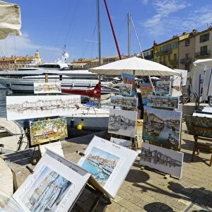 Art for sale by the harbour, Saint Tropez, Var, Cote d Azur, Provence, France, Europe
