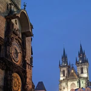 Astronomical Clock of Gothic Old Town Hall, stalls of Christmas Market