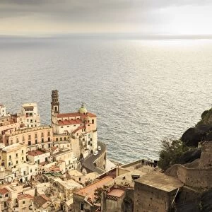 Atrani, elevated view of church, coast road and misty sea, Amalfi Coast, UNESCO World Heritage Site