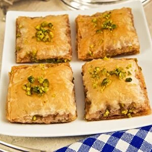 Baklava, sweet pastry made of layers of filo pastry filled with chopped nuts