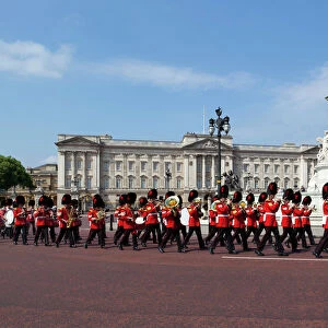 Band of the Coldstream Guards marching past Buckingham Palace during the rehearsal for Trooping the Colour, London, England, United
