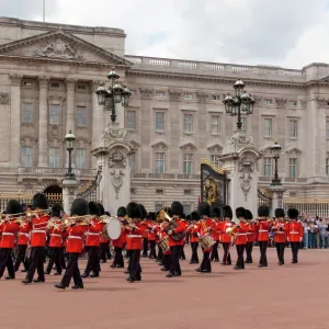 Band of the Scots Guards lead the procession from Buckingham Palace, Changing the Guard, London, England, United Kingdom, Europe