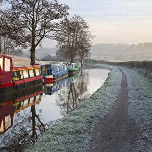 Barges on Monmouthshire and Brecon Canal in frost, Pencelli, Brecon Beacons National Park