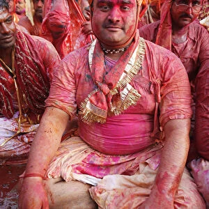 Barsana villagers celebrating Holi in Nandgaon, Uttar Pradesh, India, Asia