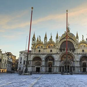 Basilica and Piazza San Marco at dawn after overnight snow, Venice, UNESCO World Heritage Site
