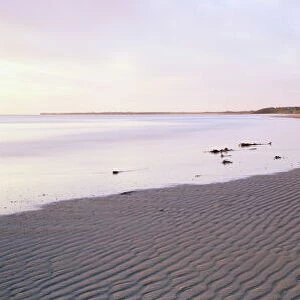 Beach at Alnmouth in dawn light with ripples and sand dunes, near Alnwick