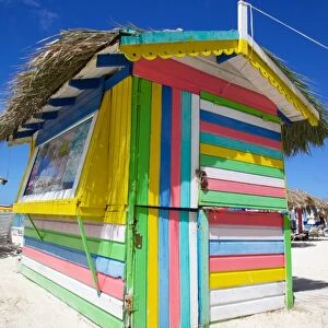 Beach and colourful beach hut, Dickenson Bay, St. Georges, Antigua, Leeward Islands, West Indies, Caribbean, Central America