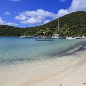 Beach, green hills and yachts, Great Harbour, Jost Van Dyke, British Virgin Islands, West Indies, Caribbean, Central America