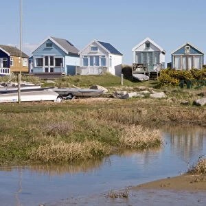 Beach huts on Mudeford Spit or Sandbank, Christchurch Harbour, Dorset, England