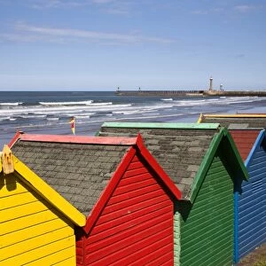 Beach huts at Whitby Sands, Whitby, North Yorkshire, Yorkshire, England, United Kingdom, Europe