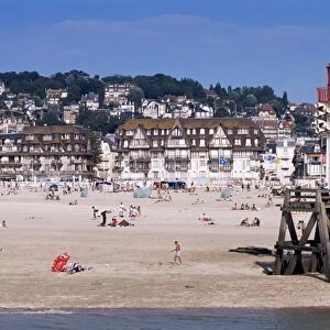 Beach and lighthouse, Trouville, Basse Normandie (Normandy), France, Europe