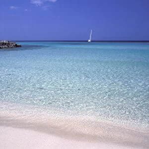 Beach and sailing boat, Formentera, Balearic Islands, Spain, Mediterranean, Europe