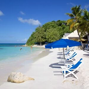Beach and sunshades, Long Bay, Antigua, Leeward Islands, West Indies, Caribbean, Central America