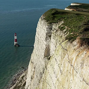 Beachy Head Lighthouse and Beachy Head from the cliff top, near Eastbourne, South Downs National Park, East Sussex, England, United Kingdom, Europe