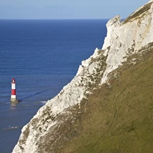 Beachy Head Lighthouse and chalk headland, south coast, near Eastbourne, South Downs National Park, East Sussex, England, United Kingdom, Europe