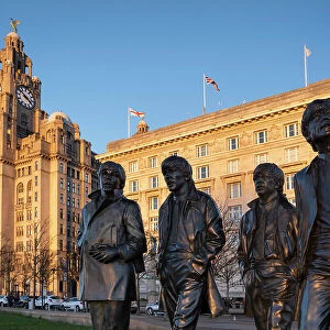 The Beatles Statue and Royal Liver Building, Pier Head, Liverpool Waterfront, Liverpool, Merseyside, England, United Kingdom, Europe