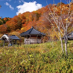 Beautiful Japanese temple surrounded by golden and red autumn colors, Osorezan Bodaiji Temple, Mutsu, Aomori prefecture, Honshu, Japan, Asia