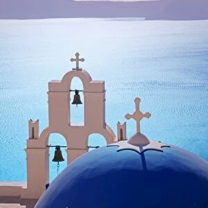 Bell Tower of Orthodox Church overlooking the Caldera in Fira, Santorini (Thira)