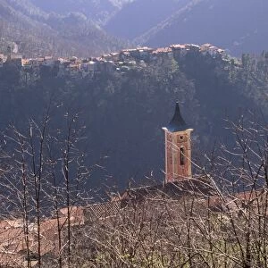 Bell tower and village near Antona in Apuane Alps