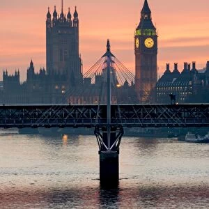 Big Ben with Hungerford Bridge at sunset, London, England, United Kingdom, Europe