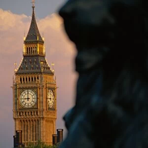 Big Ben and lion statue on Trafalgar Square, London, England