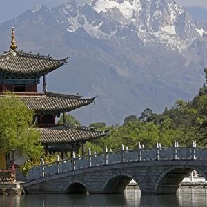 Black Dragon Pool Park, temple and bridge, with Jade Dragon Snow Mountain in background