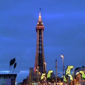 Blackpool illuminations with the tower and street mermaid decorations, Blackpool