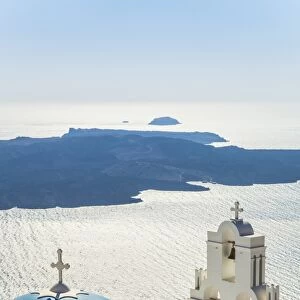 Blue dome and bell tower, St. Gerasimos church, Firostefani, Fira overlooking the Aegean Sea, Santorini (Thira), Cyclades Islands, Greek Islands, Greece, Europe