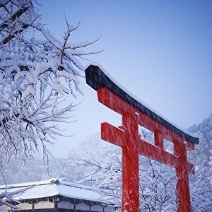Blue hour in Shimogamo Shrine, UNESCO World Heritage Site, during the largest snowfall